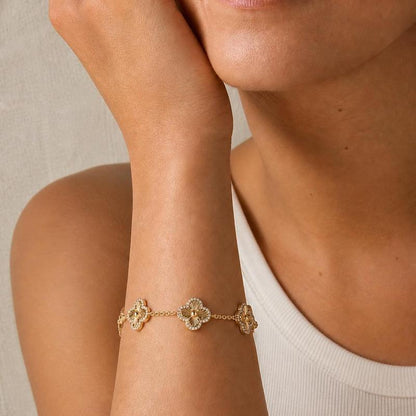 ✨14K Gold Plated Clover Bracelet – Lucky Four-Leaf Charm Station Jewelry