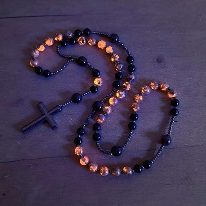 ✝️Natural Obsidian Yooperlite RosaryNecklace, UV Reactive EnergyProtection Healing Crystal